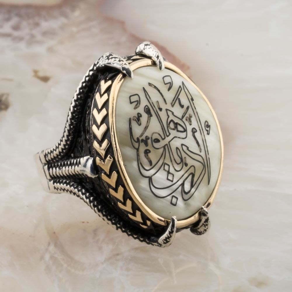 Sedef Taşlı Edep Yahu Yazılı Kartal Pençesi Gümüş Erkek Yüzük