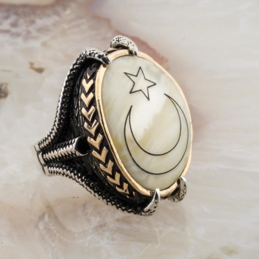 Sedef Taşlı Ay Yıldız Gümüş Erkek Yüzük