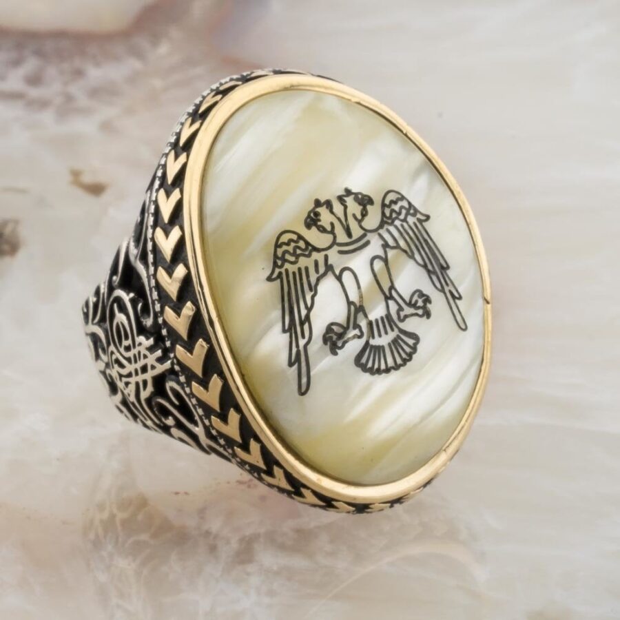 Sedef Taşlı Selçuklu Kartalı Gümüş Yüzük