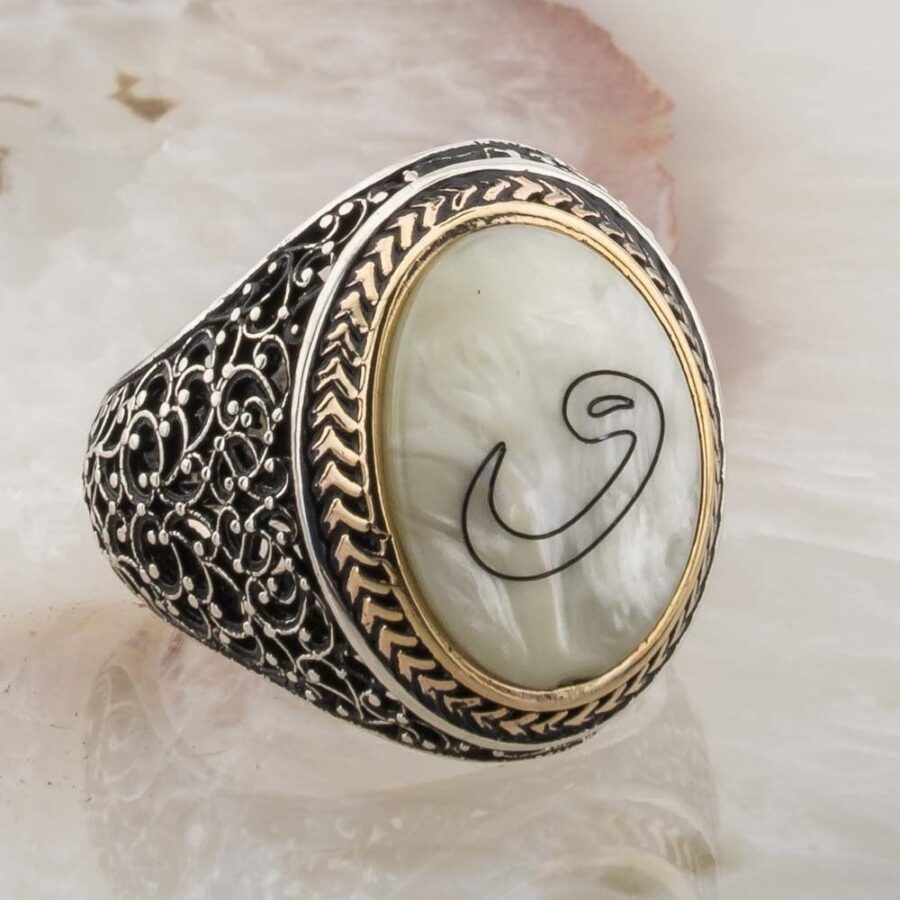 Sedef Taşlı Vav İşlemeli Telkari Gümüş Erkek Yüzük Hediyelik