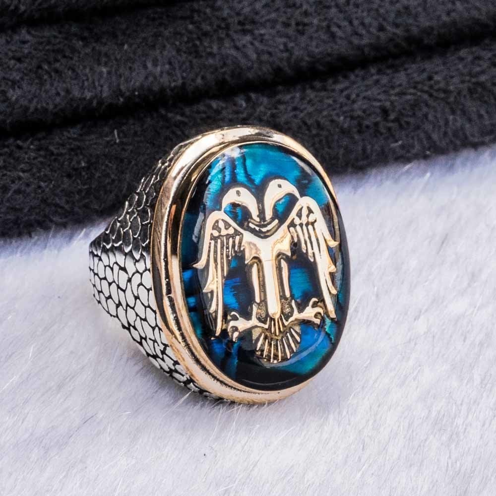 Gümüş Mavi Mineli Selçuklu Kartalı Duvar Desenli Erkek Yüzük 1 Gümüş Mavi Mineli Selçuklu Kartalı Duvar Desenli Erkek Yüzük