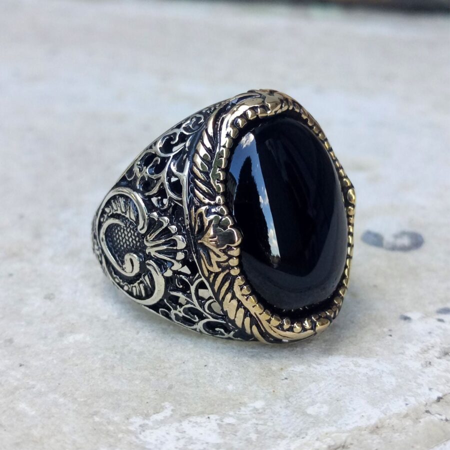 Simli Oniks Taşlı Vav Desenli Gümüş Yüzük