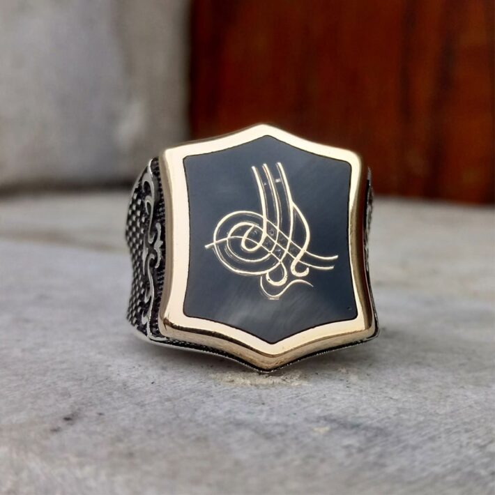 Gümüş Siyah Mineli Osmanlı Tuğralı Erkek Yüzük 925 Ayar