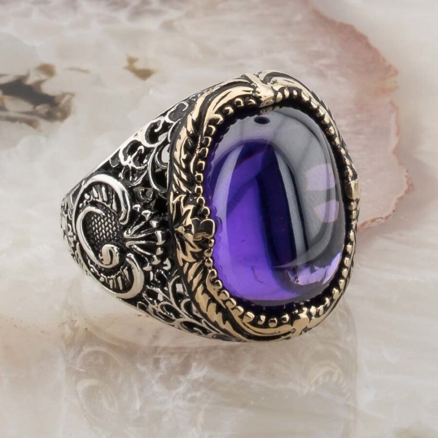 Vav Desenli Ametist Zirkon Taşlı Gümüş Yüzük