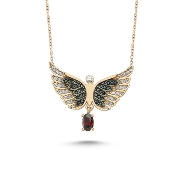 Yakut Taşlı Melek Kanadı Gümüş Kadın Kolye Hediyelik