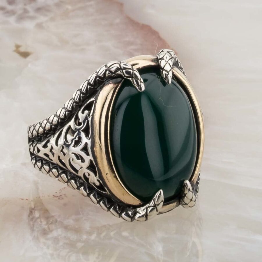 Yeşil Akik Taşlı Yılan İşlemeli Gümüş Erkek Yüzük
