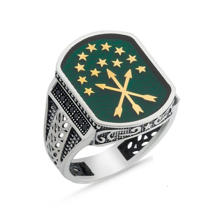 Gümüş Yeşil Mineli Çerkez Bayraklı Yanları Desenli Erkek Yüzük