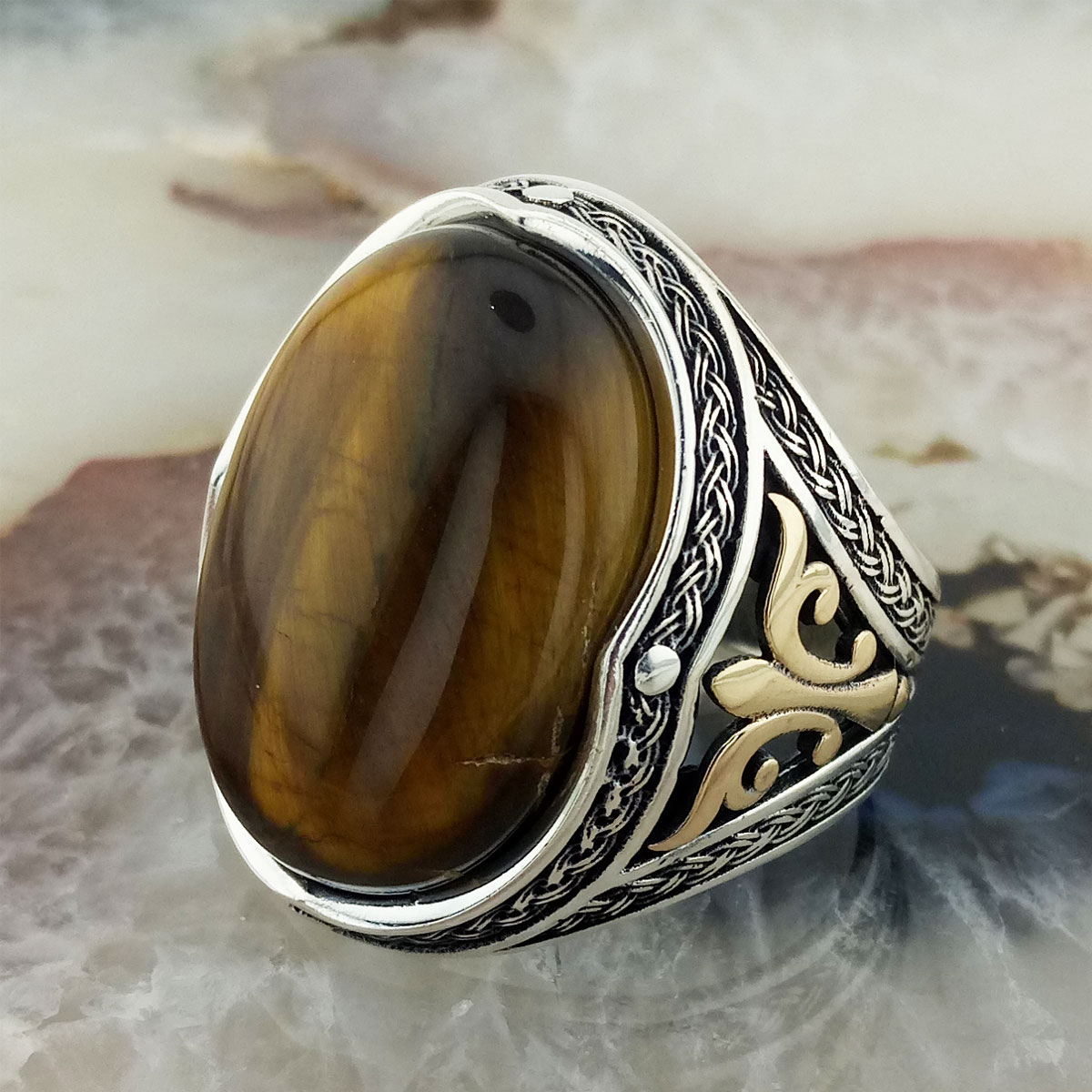 925 Ayar Gümüş Kaplan Gözü Taşlı Desenli Erkek Yüzük 3 925 Ayar Gümüş Kaplan Gözü Taşlı Desenli Erkek Yüzük - Görsel 3