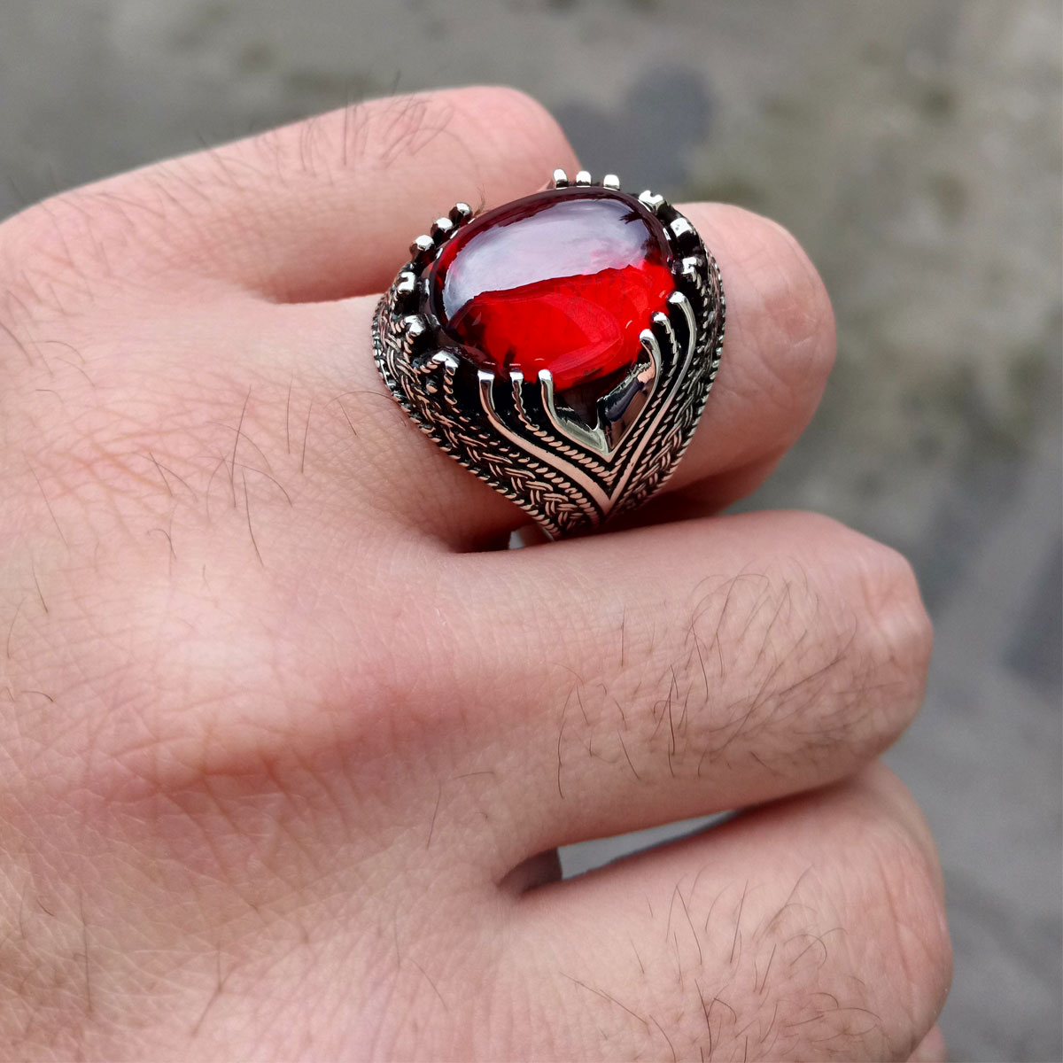 925 Ayar Gümüş Kırmızı Zirkon Taşlı Erkek Yüzük 3 925 Ayar Gümüş Kırmızı Zirkon Taşlı Erkek Yüzük - Görsel 3