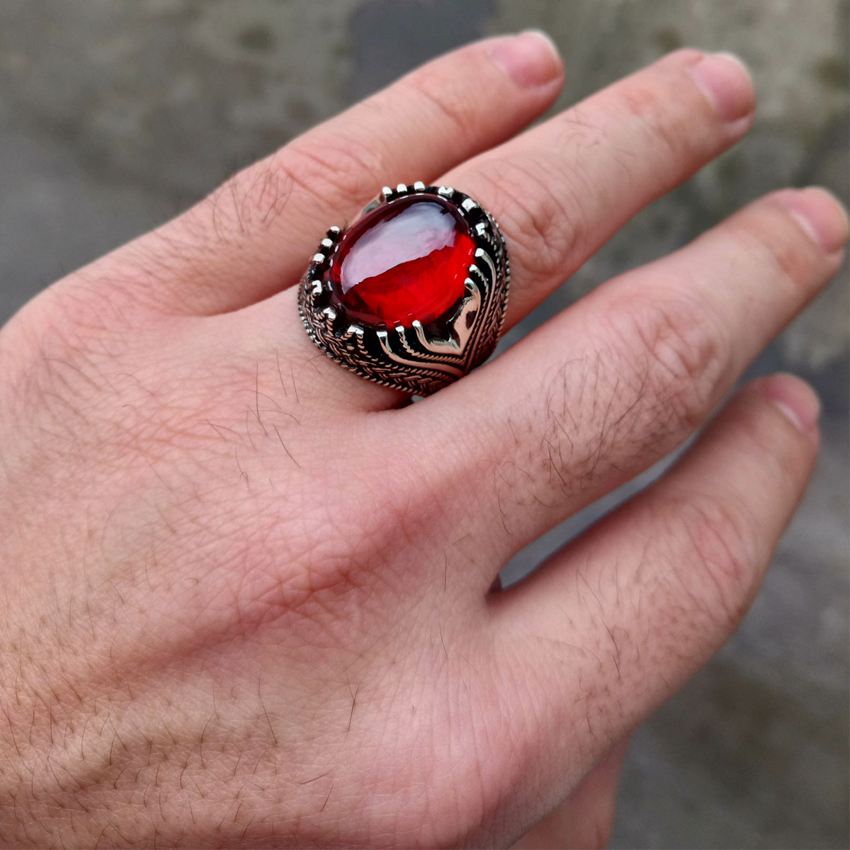 925 Ayar Gümüş Kırmızı Zirkon Taşlı Erkek Yüzük 2 925 Ayar Gümüş Kırmızı Zirkon Taşlı Erkek Yüzük - Görsel 2