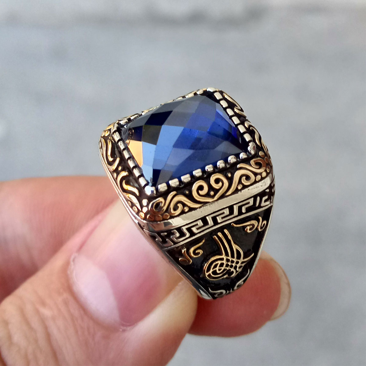 925 Ayar Gümüş Mavi Taşlı Osmanlı Arması Erkek Yüzük 6 925 Ayar Gümüş Mavi Taşlı Osmanlı Arması Erkek Yüzük - Görsel 6