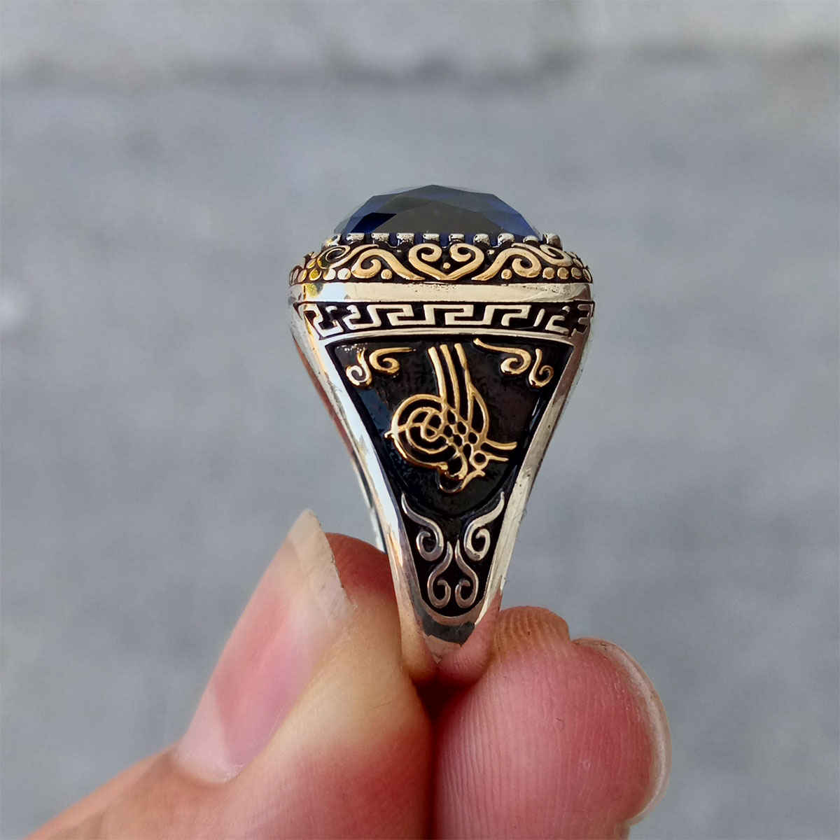 925 Ayar Gümüş Mavi Taşlı Osmanlı Arması Erkek Yüzük 5 925 Ayar Gümüş Mavi Taşlı Osmanlı Arması Erkek Yüzük - Görsel 5