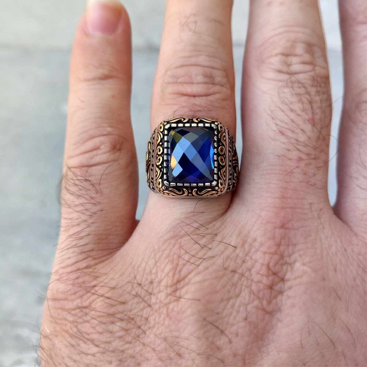 925 Ayar Gümüş Mavi Taşlı Osmanlı Arması Erkek Yüzük 4 925 Ayar Gümüş Mavi Taşlı Osmanlı Arması Erkek Yüzük - Görsel 4