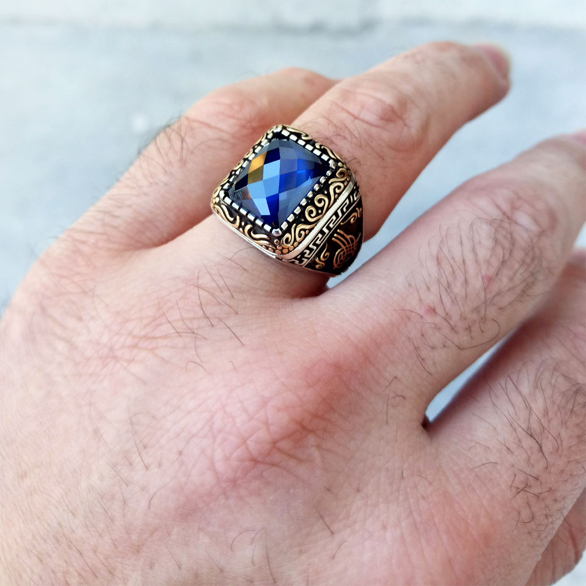 925 Ayar Gümüş Mavi Taşlı Osmanlı Arması Erkek Yüzük 3 925 Ayar Gümüş Mavi Taşlı Osmanlı Arması Erkek Yüzük - Görsel 3