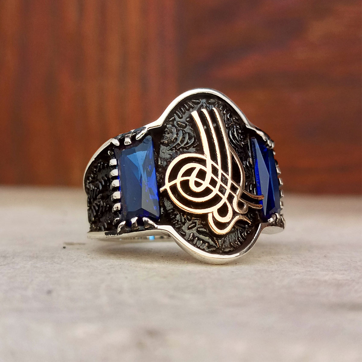 925 Ayar Gümüş Mavi Taşlı Osmanlı Tuğrası Erkek Yüzük 5 925 Ayar Gümüş Mavi Taşlı Osmanlı Tuğrası Erkek Yüzük - Görsel 5