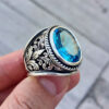 925 ayar gumus mavi topaz yaprak motif islemeli erkek yuzuk 0422722582892530