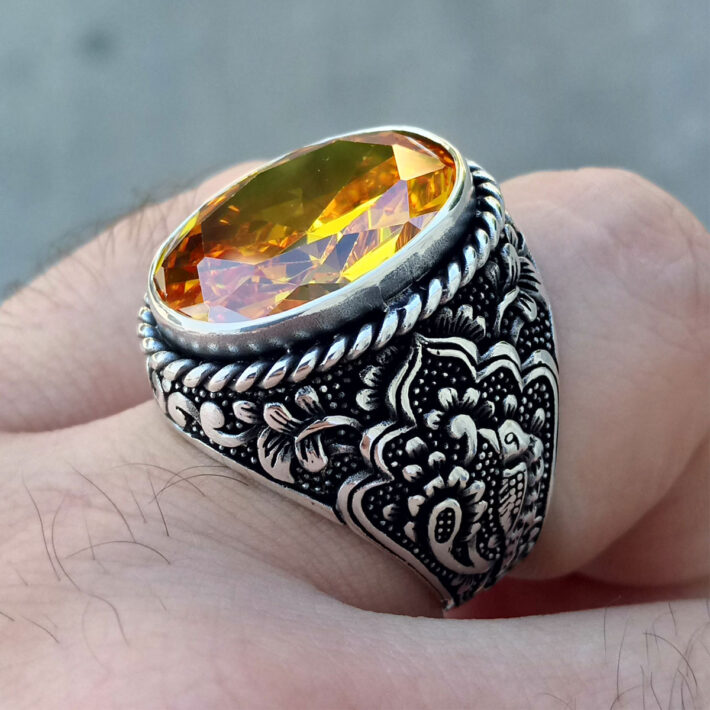 Sitrin Taşlı Kuş Motifi İşlemeli Erkek Yüzük