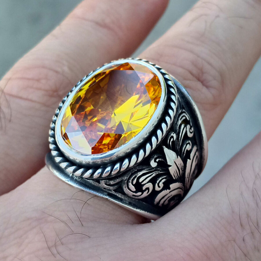 Sitrin Taşlı Yaprak Motif İşlemeli Erkek Yüzük