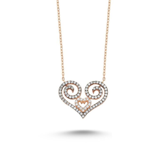 Zirkon Taşlı Kalpli Bronz Kadın Gümüş Kolye 925 Ayar