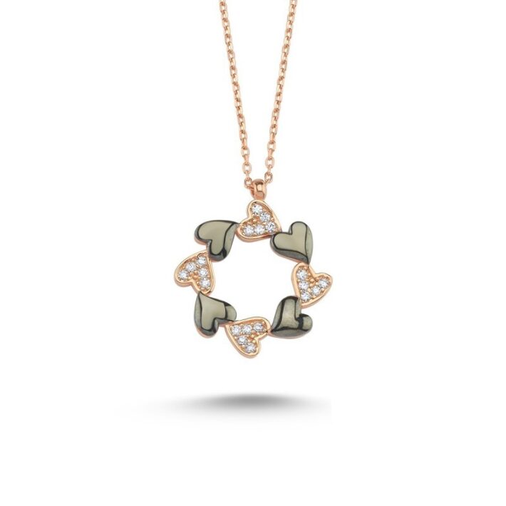 Zirkon Taşlı Siyah Kalpli Bronz Kadın Gümüş Kolye 925 Ayar