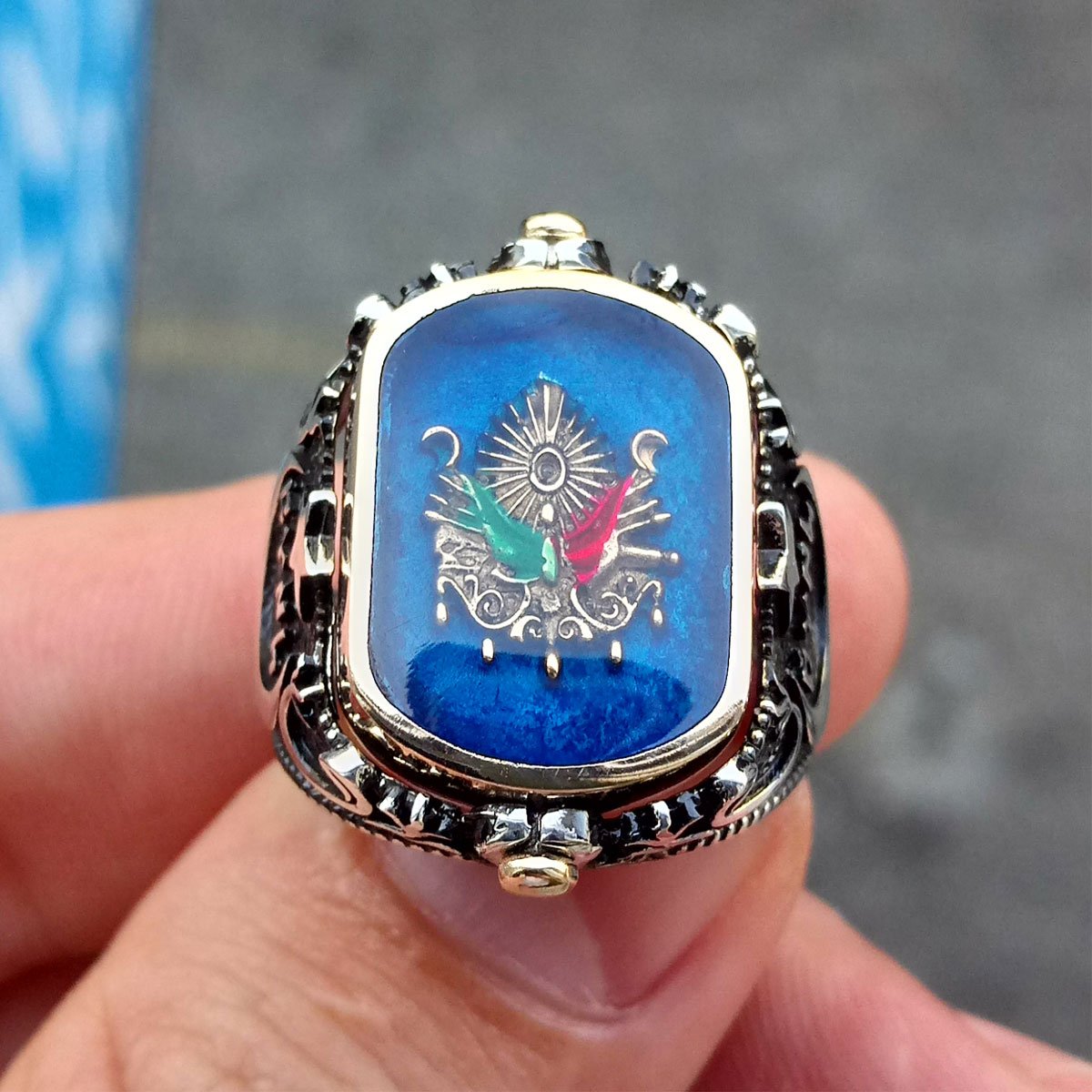 Gümüş Ay Yıldızlı ve Osmanlı Armalı Çift Taraflı Erkek Yüzük 4 Gümüş Ay Yıldızlı ve Osmanlı Armalı Çift Taraflı Erkek Yüzük - Görsel 4