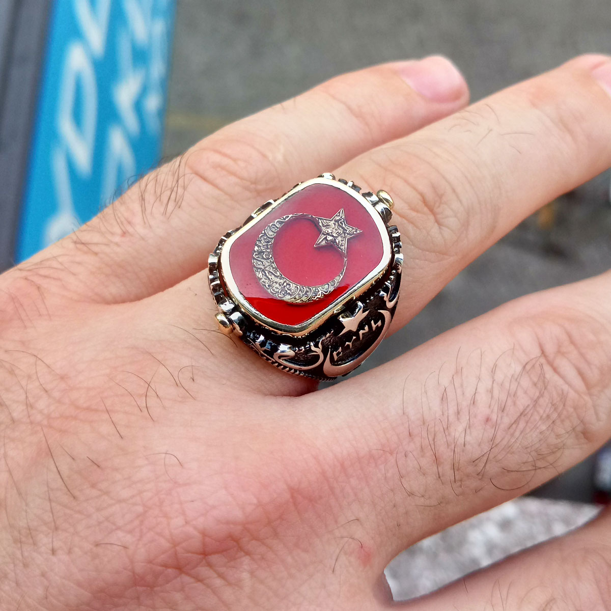 Gümüş Ay Yıldızlı ve Osmanlı Armalı Çift Taraflı Erkek Yüzük 8 Gümüş Ay Yıldızlı ve Osmanlı Armalı Çift Taraflı Erkek Yüzük - Görsel 8