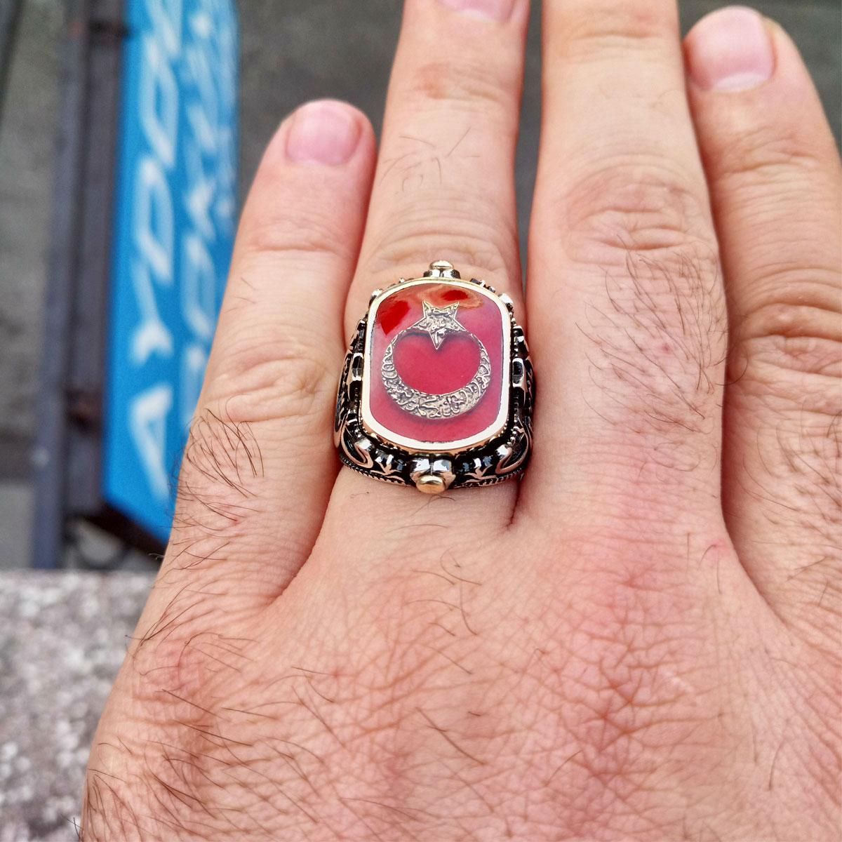 Gümüş Ay Yıldızlı ve Osmanlı Armalı Çift Taraflı Erkek Yüzük 2 Gümüş Ay Yıldızlı ve Osmanlı Armalı Çift Taraflı Erkek Yüzük - Görsel 2