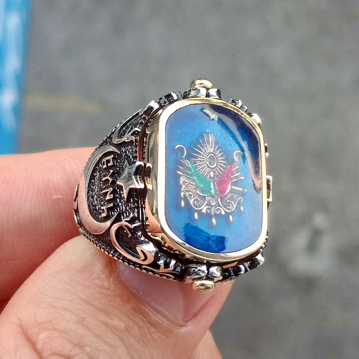 Gümüş Ay Yıldızlı ve Osmanlı Armalı Çift Taraflı Erkek Yüzük 6 Gümüş Ay Yıldızlı ve Osmanlı Armalı Çift Taraflı Erkek Yüzük - Görsel 6