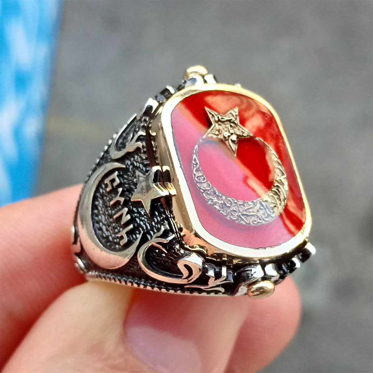 Gümüş Ay Yıldızlı ve Osmanlı Armalı Çift Taraflı Erkek Yüzük 9 Gümüş Ay Yıldızlı ve Osmanlı Armalı Çift Taraflı Erkek Yüzük - Görsel 9