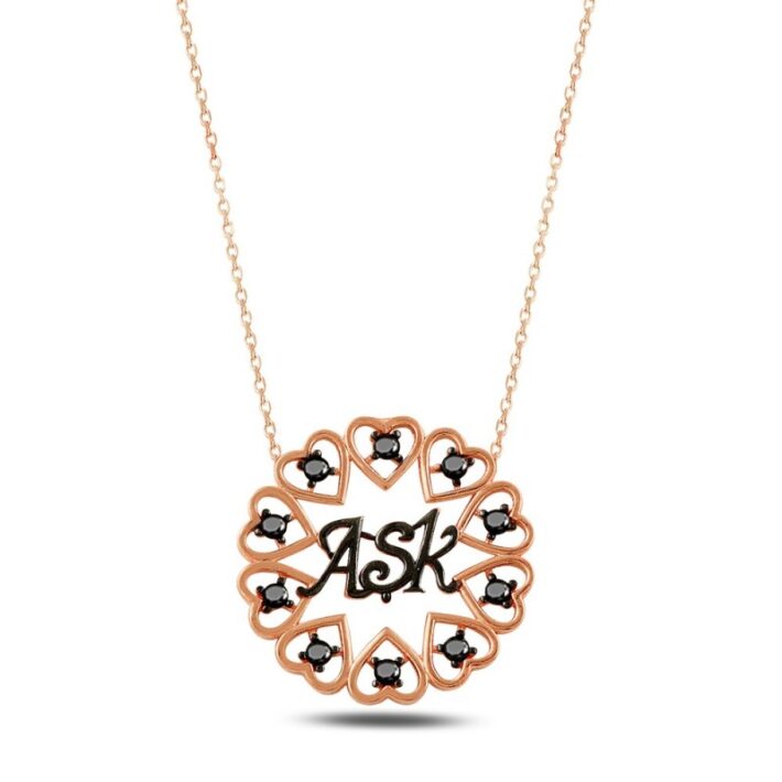 Kalpli Rose Aşk Yazılı Siyah Zirkon Taşlı Bronz Kadın Gümüş Kolye