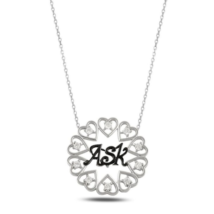 Kalpli Aşk Yazılı Siyah Zirkon Taşlı Bronz Kadın Gümüş Kolye