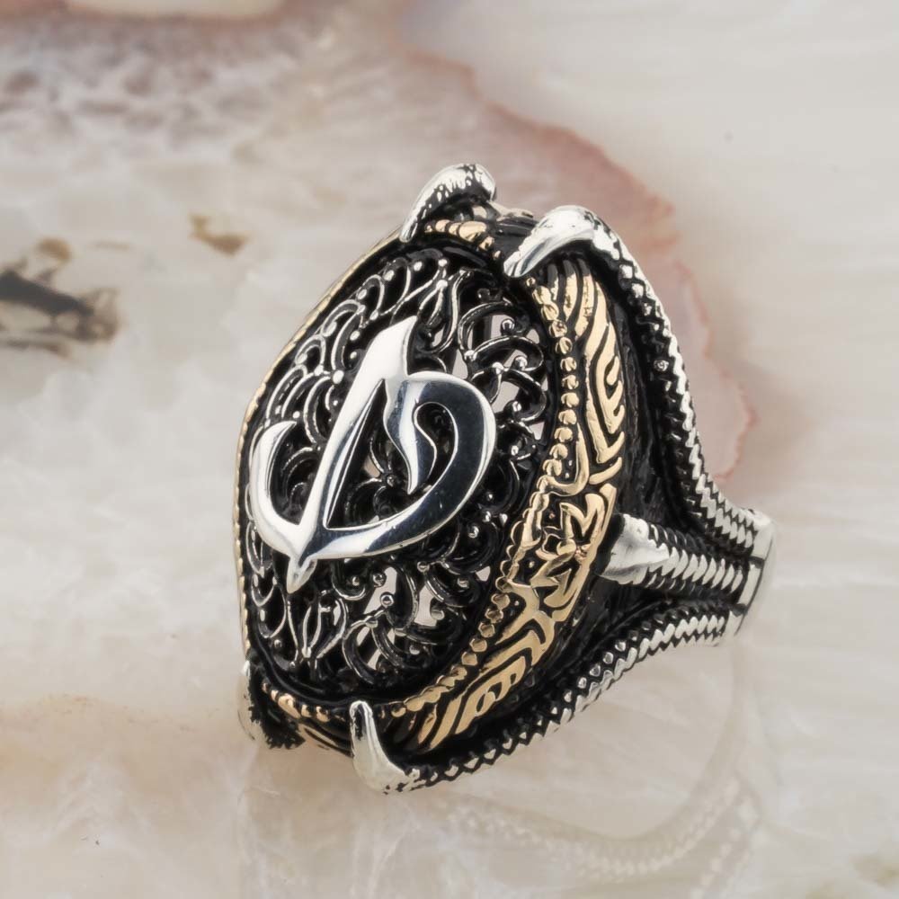 Telkari İşlemeli Kartal Pençesi Elif Vav Gümüş Erkek Yüzük 2 Telkari İşlemeli Kartal Pençesi Elif Vav Gümüş Erkek Yüzük - Görsel 2
