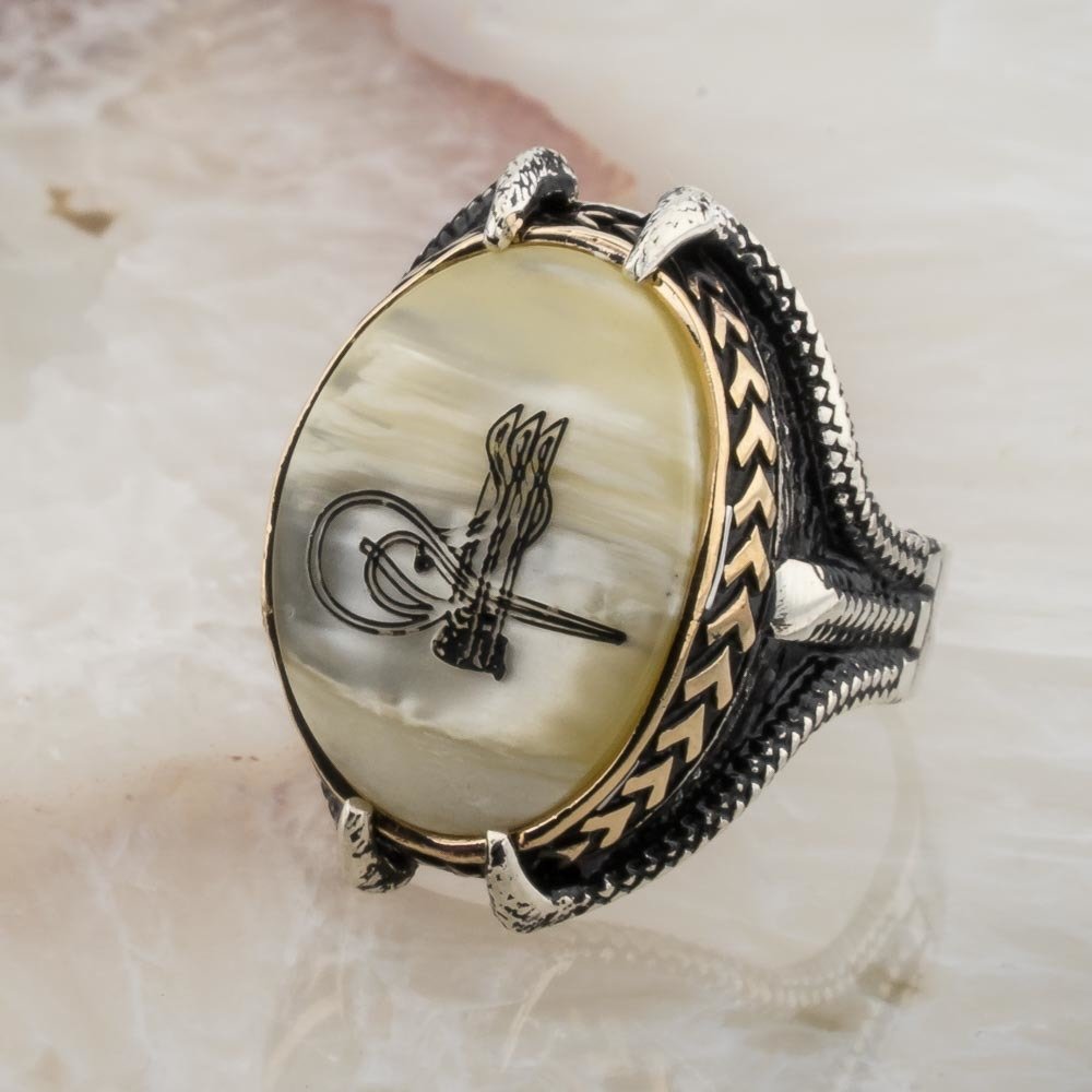 Sedef Taşlı Osmanlı Tuğralı Gümüş Yüzük 2 Sedef Taşlı Osmanlı Tuğralı Gümüş Yüzük - Görsel 2