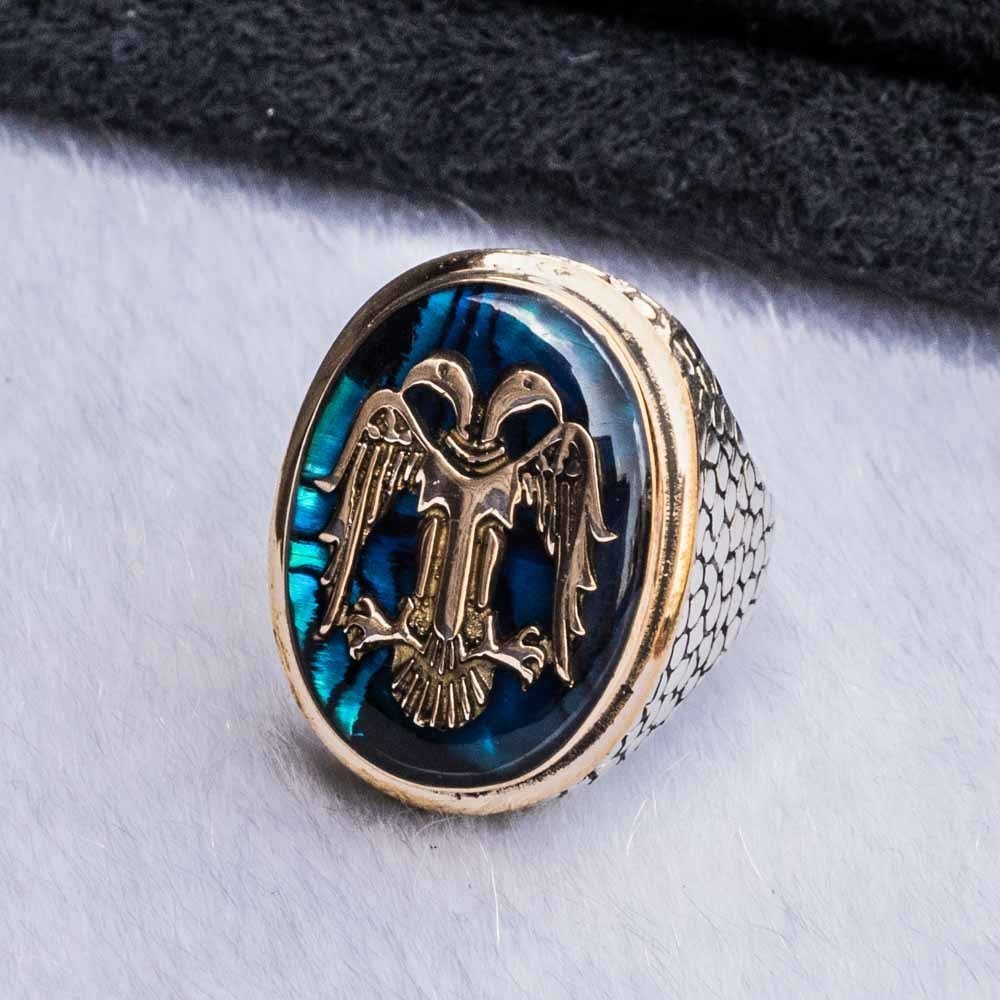 Gümüş Mavi Mineli Selçuklu Kartalı Duvar Desenli Erkek Yüzük 2 Gümüş Mavi Mineli Selçuklu Kartalı Duvar Desenli Erkek Yüzük - Görsel 2