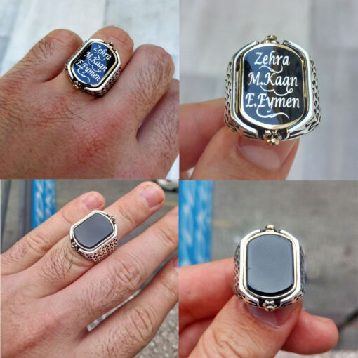 Çift Taraflı Siyah Mineli ve Oniks Taşlı İsimli Gümüş Erkek Yüzük