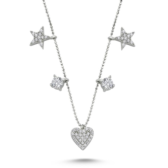 Zirkon Taşlı Kalp Figürlü Kadın Gümüş Şans Kolyesi 925 Ayar