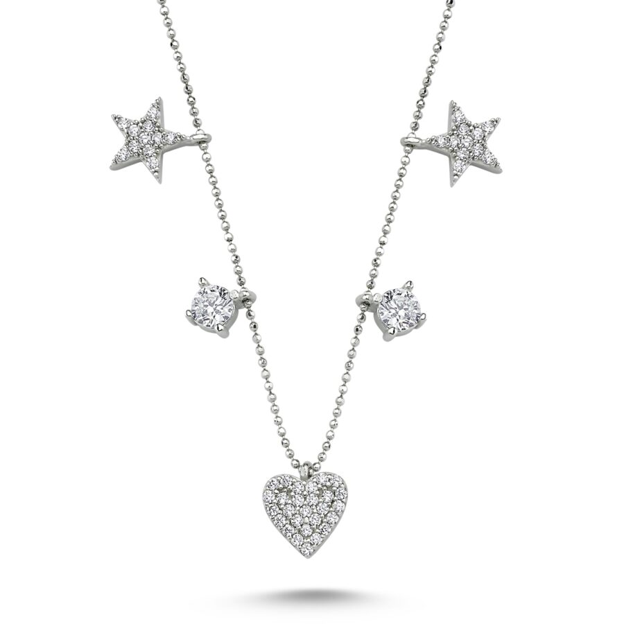 Zirkon Taşlı Kalp Figürlü Kadın Gümüş Şans Kolyesi 925 Ayar